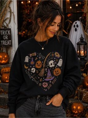 Halloween Graphic Crewneck Sweatshirt - Black with Orange & Purple Print